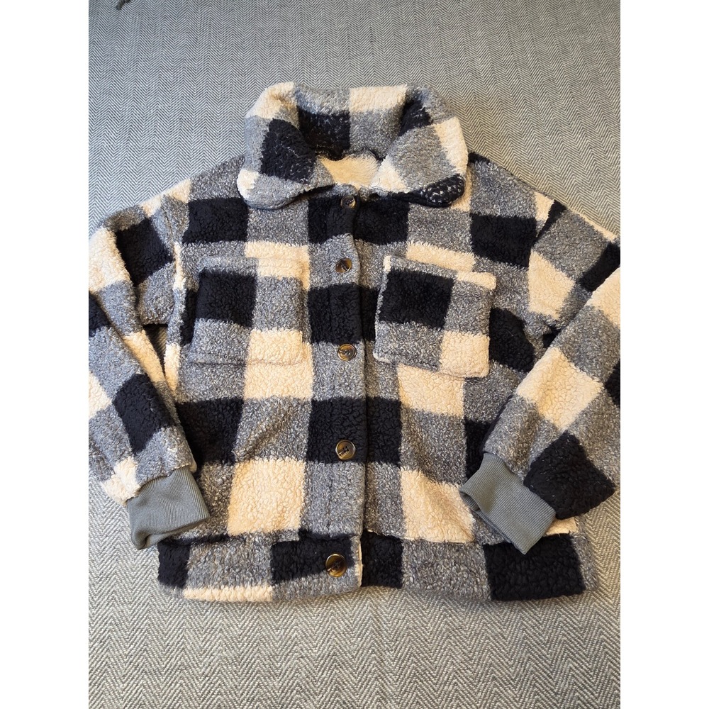 Women's M Sherpa Teddy Fleece Shacket Buffalo Plaid Black Grey Collar Button Up